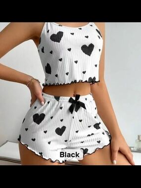 "Nightie"Heart Print Ribbed Short Set - White with Black Hearts
